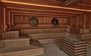 A modern sauna room with wooden benches and soft lighting. Two round windows create a relaxed atmosphere.