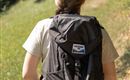 A person with a backpack is standing on a hiking trail. In the background, trees and green grass are visible.