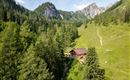 A picturesque alpine village surrounded by high mountains and dense forests. The green slope and the blue sky create a calm, natural atmosphere.