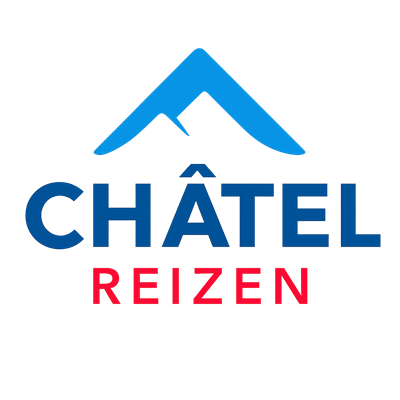 A glowing logo with the text "CHÂTEL REIZEN" and a mountain symbol. The colors are blue and red on a dark gray background.