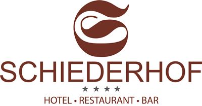 Das Logo von Schiederhof zeigt stilisierte Wellen und den Schriftzug in kräftigen Buchstaben. Es repräsentiert ein Hotel, Restaurant und eine Bar.