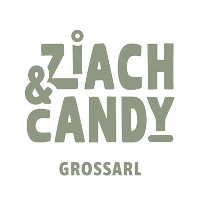 Ein modernes Logo mit den Worten "Ziach & Candy" und "Grossarl". Die Schrift ist kreativ und verspielt gestaltet.