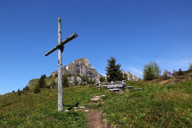Ein Holzkreuz steht auf einer Wiese in den Bergen. Im Hintergrund sind felsige Gipfel und Bäume sichtbar.