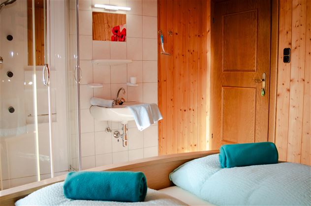 A modern bathroom with a shower and hand wash basin. The space is bright and has a warm wooden paneling.