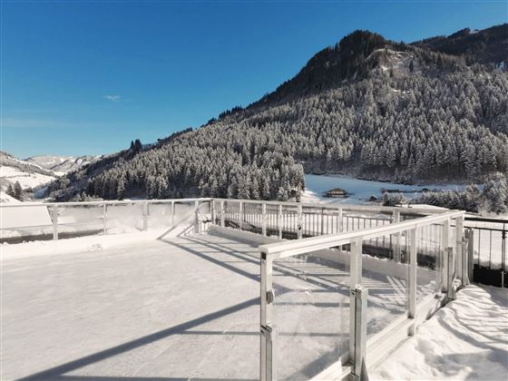 A snowy landscape with a clear blue sky. In the foreground, there is a balcony with a glass railing that offers a view of the forested mountains.