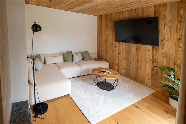 Ein moderner Wohnraum mit hellem Holz und einer gemütlichen Couch. An der Wand befindet sich ein Fernseher und eine Pflanze sorgt für einen frischen Akzent.