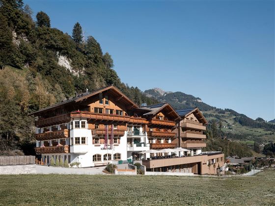 A cozy hotel in Alpine style, surrounded by green meadows and mountains. The sky is clear and bright blue.