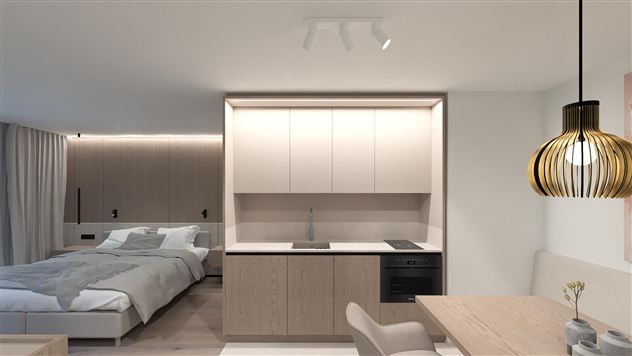 A modern apartment with one bedroom and an open kitchen. The decor is bright and minimalist, with a dining table and stylish light sources.
