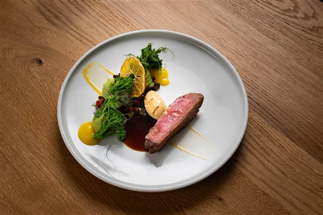 An elegant dish on a white plate. It consists of tender meat, fresh vegetables, and a side of fruit puree.