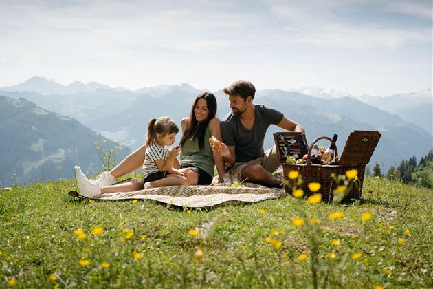 A family enjoys a picnic on a meadow in the mountains. In the background, majestic mountains and a blue sky can be seen.