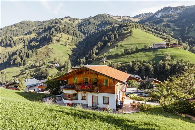 A charming house amidst green meadows and gentle hills. In the background, there are wooded mountains and a rural setting.