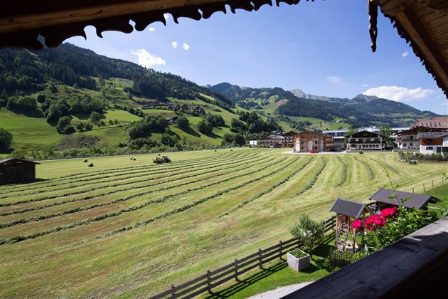 Eine malerische Landschaft mit sanften Hügeln und grünen Wiesen. Im Hintergrund sind Berge und moderne Gebäude sichtbar.