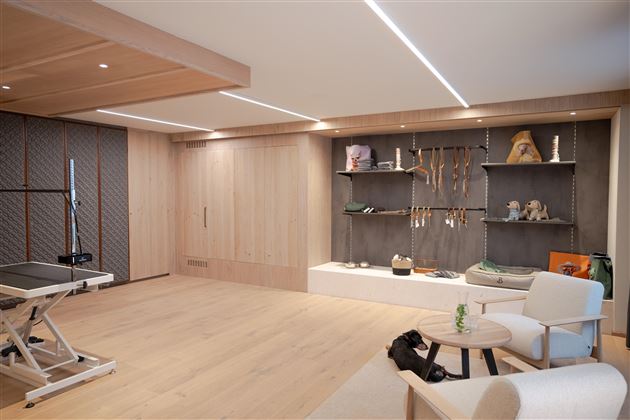 A modern, stylish interior with wooden walls and a light wooden floor. The room features a training bench, a small table, and shelves with various items.