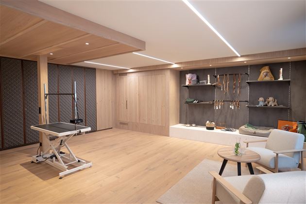 A modern room with wood-paneled walls and a light wood floor. In the corner stands equipment for fitness or therapy as well as decorative elements on a wall.