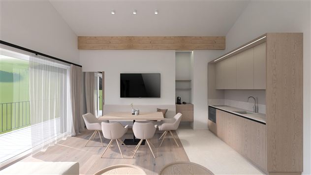 A modern, bright living and dining room with a round table and elegant chairs. The large windows offer a view outside and provide plenty of daylight.