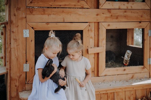 Two girls are standing in front of a rabbit hutch holding a black rabbit. They are wearing light dresses and smiling kindly.