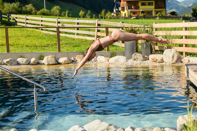 Eine Person springt in einen klaren Pool im Freien. Im Hintergrund sind grüne Wiesen und ein gemütliches Haus zu sehen.
