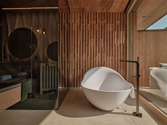 Ein modernes Badezimmer mit einem eleganten, freistehenden Badewanne und einer Holzverkleidung. Große Fenster bieten einen schönen Blick nach draußen und sorgen für viel natürliches Licht.