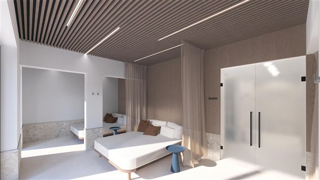 A modern hotel room with two beds and a minimalist decor. The walls are bright, and large windows let in plenty of daylight.