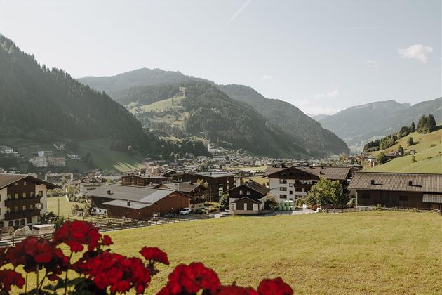 Eine malerische Alpenlandschaft mit blühenden Blumen im Vordergrund. Im Hintergrund sind grüne Hügel und traditionelle Häuser zu sehen.
