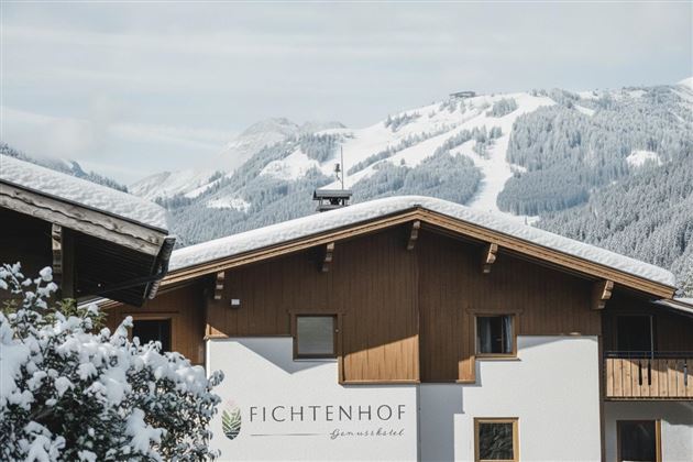 A cozy house with a wooden façade in a snowy mountain landscape. In the background, majestic mountains and a clear sky can be seen.