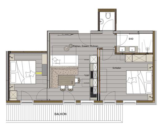 A floor plan of an apartment with several rooms. The plan shows two bedrooms, a bathroom, and a balcony.