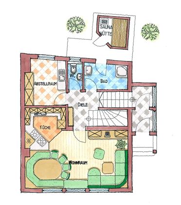 Eine farbenfrohe Grundrisszeichnung eines Hauses. Sie zeigt die Anordnung von Küche, Wohnraum, Bad und Sauna im oberen Bereich.