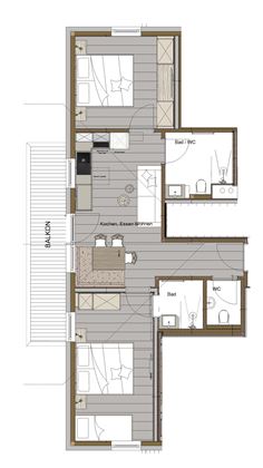 A well-designed apartment with two bedrooms, two bathrooms, and an open living area. The balcony is directly accessible and provides additional outdoor space.