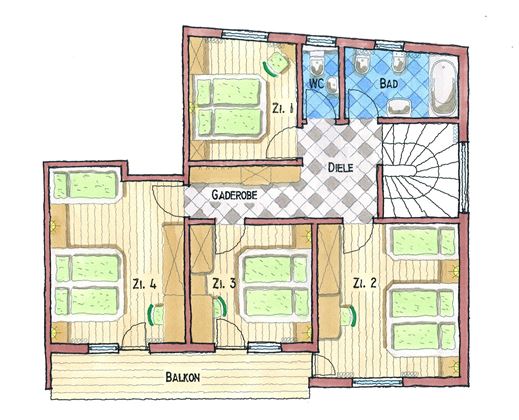 Eine Skizze einer Wohnung mit mehreren Räumen. Die Bereiche sind nummeriert und beinhalten ein Badezimmer, eine Diele und einen Balkon.