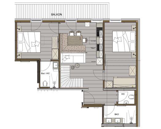 A floor plan drawing of an apartment with several bedrooms, bathrooms, and a balcony. The rooms are clearly arranged and designed in a tidy manner.