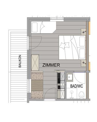 The image shows a floor plan of a living space with a bedroom, a bathroom, and a balcony. The rooms are clearly delineated and functionally arranged.