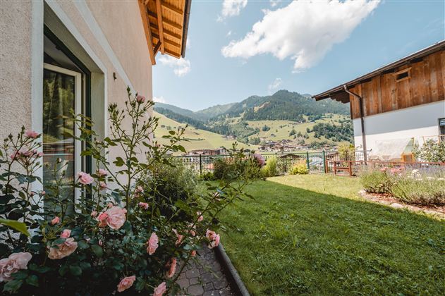 A beautiful garden with pink roses and green grass. In the background, gentle hills and the clear sky are visible.