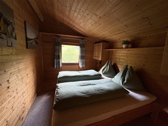 A cozy room with wood paneling and two single beds. Natural light streams through the window and there is a small bucket with plants.