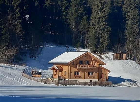 A cozy wooden house in the snow, surrounded by green trees. The clear sky makes the winter landscape shine.