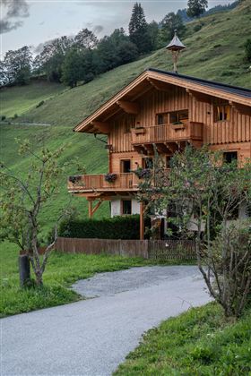 Ein gemütliches Holzhaus in einer grünen Landschaft. Der Weg führt sanft zum Gebäude und ist von Bäumen umgeben.