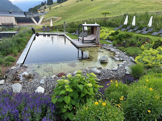 Ein schöner Garten mit einem klaren Badebecken und bunten Blumen. Im Hintergrund sind Liegen und sanfte Hügel zu sehen.