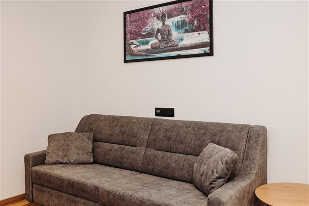 A cozy gray couch sits in front of a white wall. Above it hangs a picture of a Buddha and a waterfall scene.
