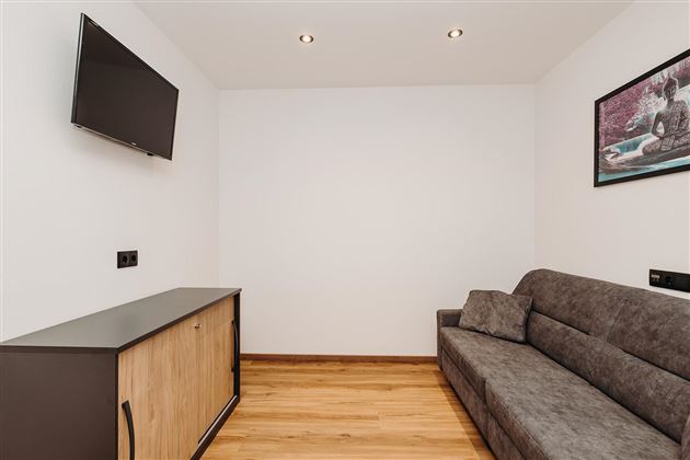 A modern living room with a gray sofa and a flat-screen TV on the wall. The floor is made of wood, and there is a wooden sideboard.
