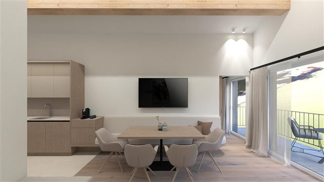 A modern and bright living room with a dining table and chairs. The large windows offer a view outside and let in plenty of daylight.