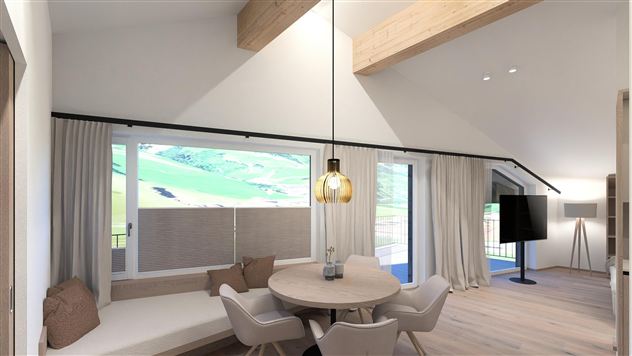 A modern and bright living room with large windows and a cozy seating area. The wooden table invites for social gatherings and offers a view of the green landscape.