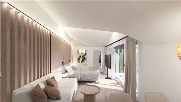 A modern living room with bright interiors and large windows. There are comfortable sofa sets and minimalist design.