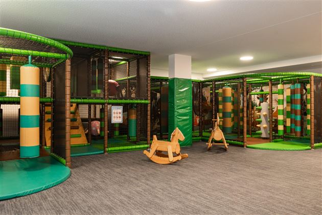 Ein Spielbereich für Kinder mit bunten Kletterstrukturen und einer Rutschbahn. Es gibt auch ein Holzspielzeugpferd zum Spielen.