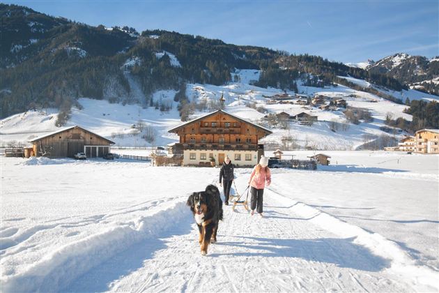 Zwei Personen gehen mit einem Hund auf einem schneebedeckten Weg. Im Hintergrund sind traditionelle Berghäuser und eine malerische Winterlandschaft zu sehen.