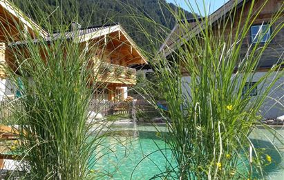 A clear pool surrounded by tall grasses and colorful flowers. In the background, cozy wooden houses and green mountains can be seen.