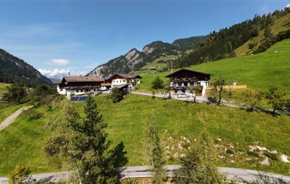Eine malerische Landschaft mit grünen Wiesen und sanften Hügeln. Im Hintergrund sind Berge zu sehen, und einige traditionelle Gebäude stehen verstreut.