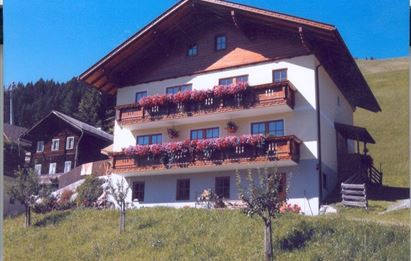A cozy house in alpine style with flower boxes on the balconies. The green meadow and the mountains in the background create a picturesque atmosphere.