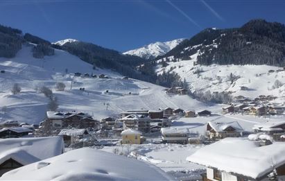 Eine verschneite Landschaft mit einer malerischen Bergkulisse. Kleine Häuser sind in der winterlichen Umgebung versteckt.