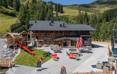 A cozy mountain house with a terrace and sunshades in a picturesque landscape. In the foreground, there are playground equipment for children and comfortable loungers.