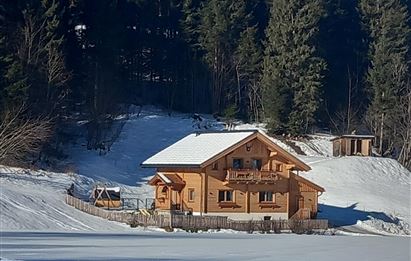 A cozy wooden house in the snow, surrounded by green trees. The clear sky makes the winter landscape shine.