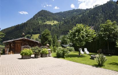 Eine ruhige Gartenlandschaft mit einem Holzhaus im Hintergrund. Grüne Berge und blauer Himmel sorgen für eine entspannte Atmosphäre.